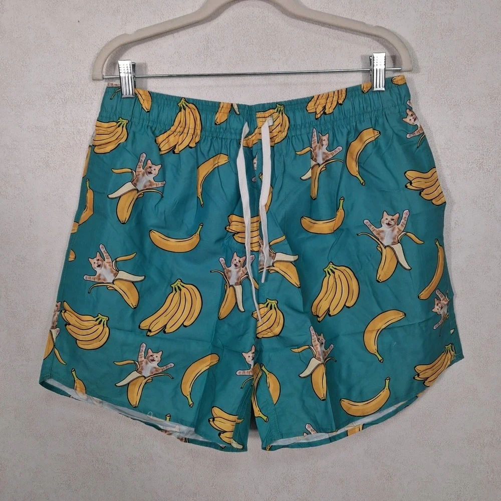 ZenGents‎ Swim Trunks Mens Large Green Banana Cat Print Mesh Liner Shorts